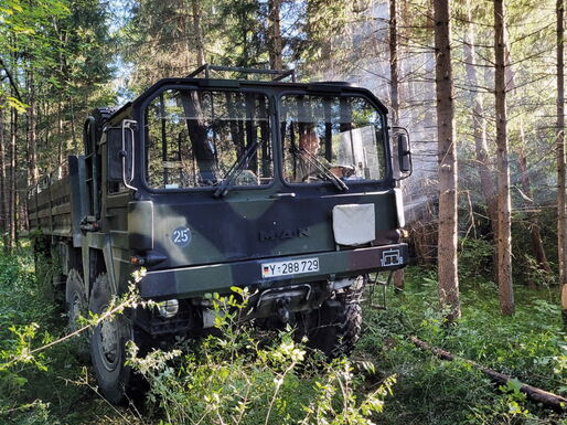 Ein 10-Tonner mit vier Achsen fährt durch den Wald.